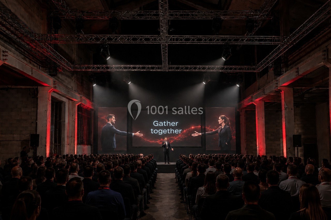 Conférencier s'exprimant sur scène devant un large public dans une salle industrielle éclairée en rouge.