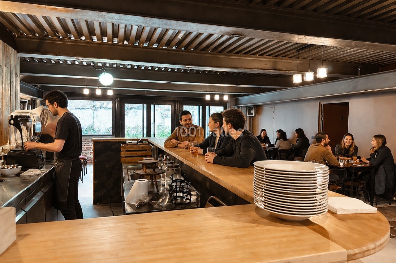 Un serveur prépare une boisson derrière un comptoir en bois dans un café animé avec des clients attablés.