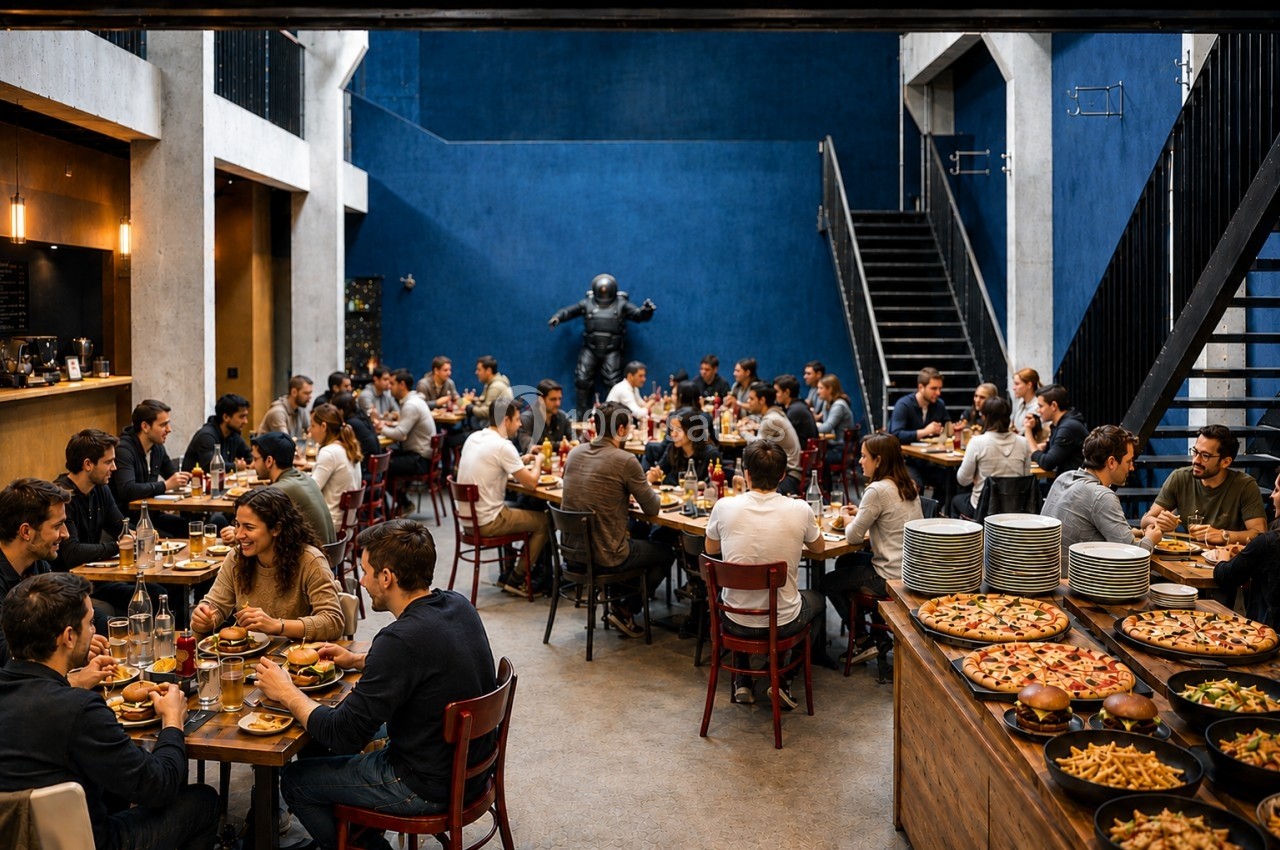 Salle de restaurant animée avec des convives attablés, des plats variés servis et un décor moderne bleu et bois.