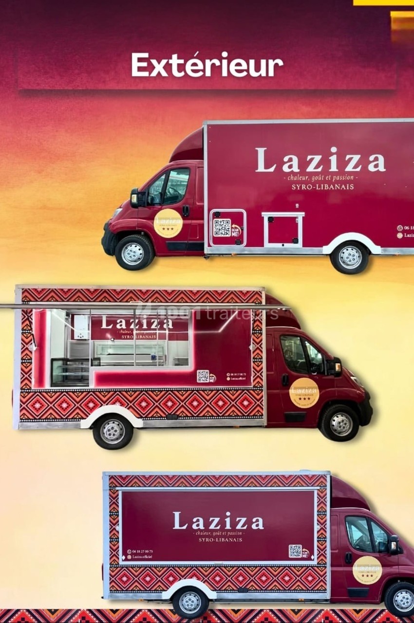 Camion de restauration rapide rouge avec motifs orientaux, vitrine latérale ouverte et logo ’Laziza’.
