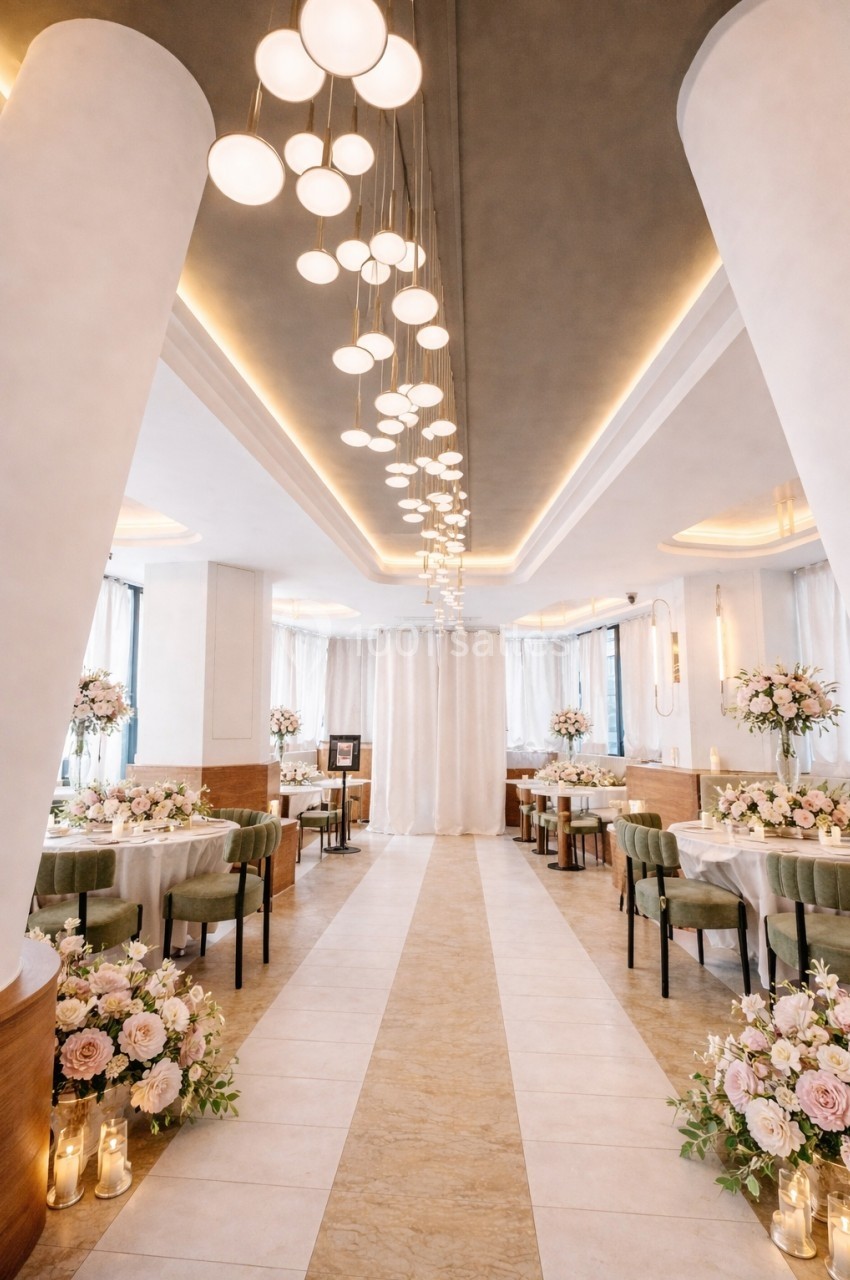 Salle de réception élégante avec tables décorées de fleurs, éclairage suspendu et allée centrale ornée de bouquets.