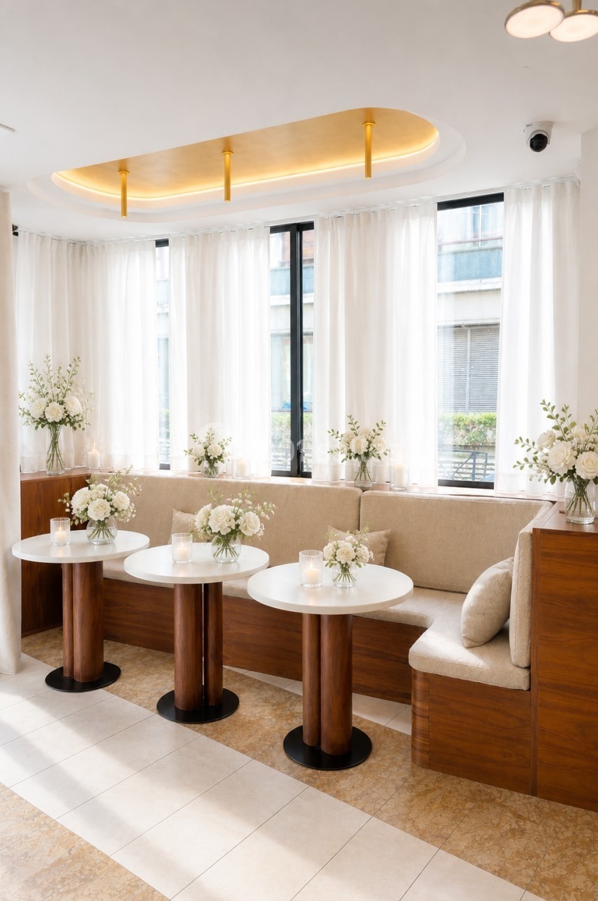 Salle lumineuse avec tables en bois, décor floral blanc et banquettes beige devant des fenêtres avec rideaux translucides.
