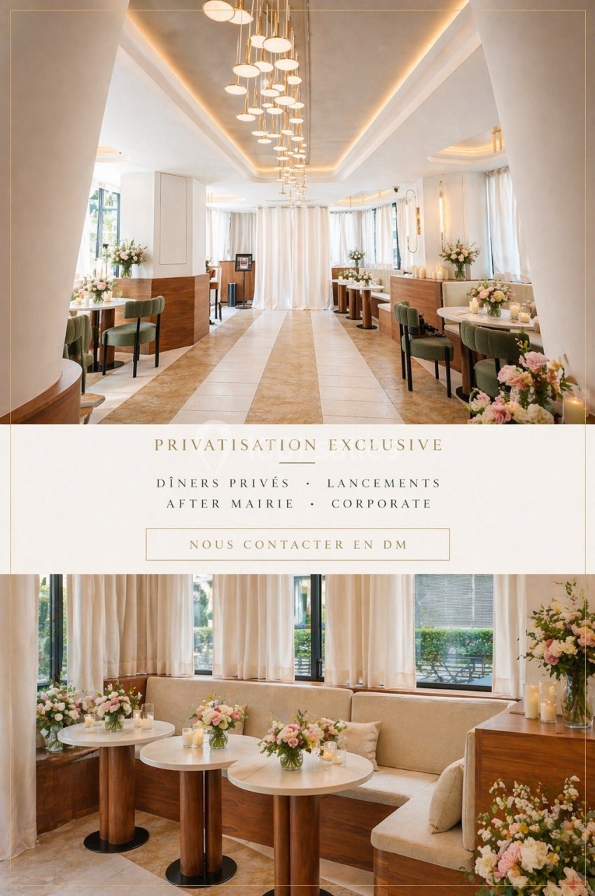 Salle élégante avec tables décorées de fleurs, éclairage chaleureux et espace adapté pour événements privés.