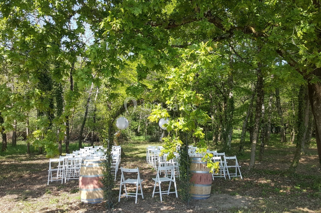 Chaises blanches disposées en extérieur sous des arbres, formant une allée pour une cérémonie en pleine nature.