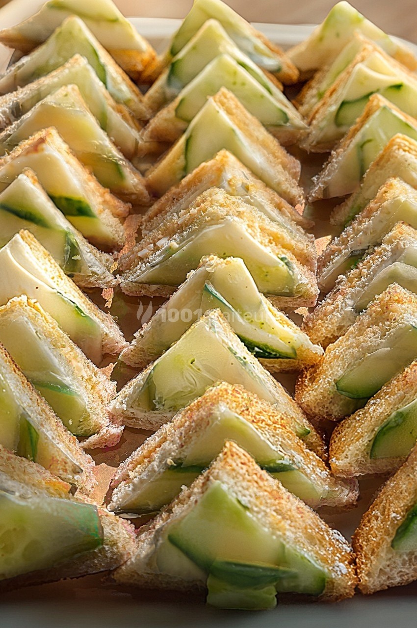 Triangles de sandwichs garnis de concombre et fromage, disposés en rangées sur un plateau.