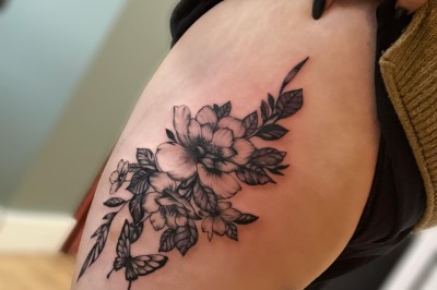 Tatouage floral noir et gris sur une cuisse, représentant des fleurs et des feuilles avec des détails délicats.