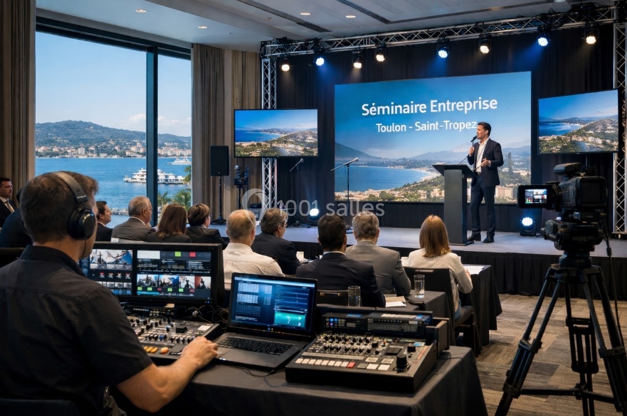 Salle de conférence avec un intervenant sur scène, public assis, et régie technique en premier plan, vue sur la mer.