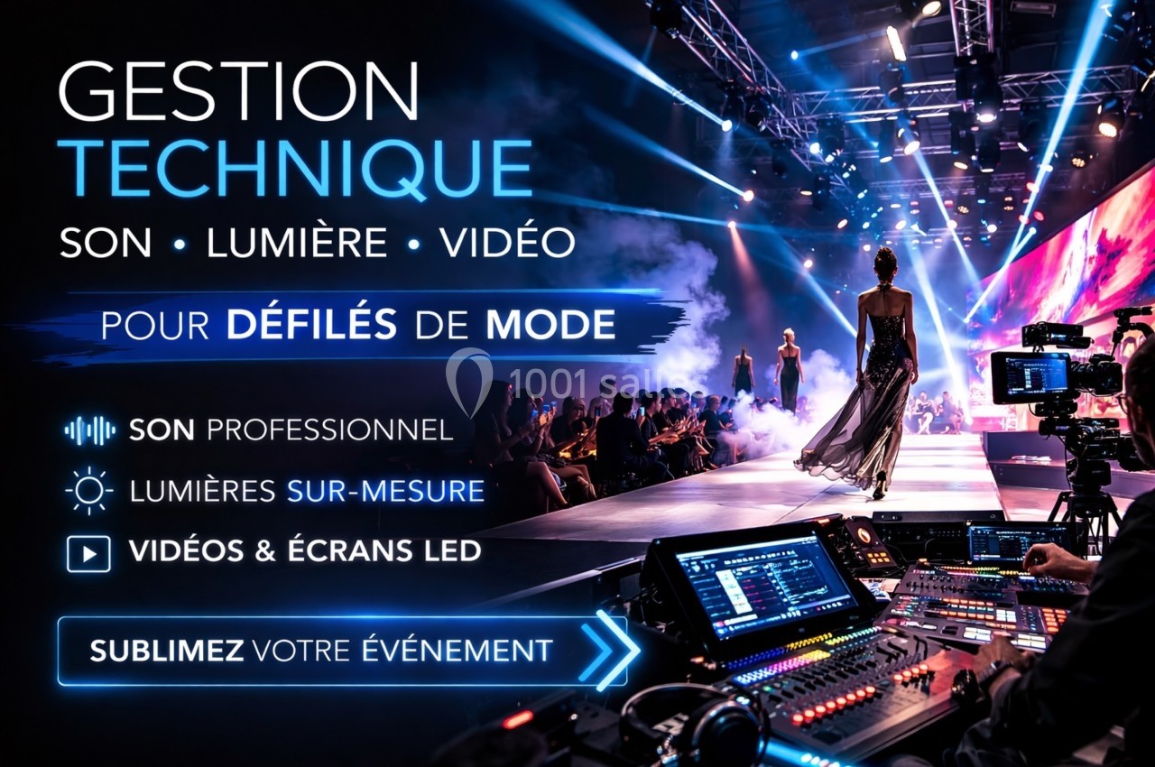 Salle de défilé de mode avec éclairages colorés, écrans LED et techniciens gérant le son et la lumière.