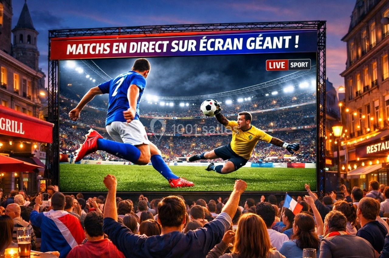 Foule regardant un match de football diffusé sur un écran géant en plein air dans une ambiance festive.