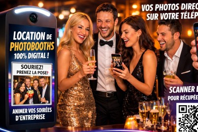 Groupe de personnes souriantes en tenue de soirée utilisant un photobooth numérique dans un cadre festif.