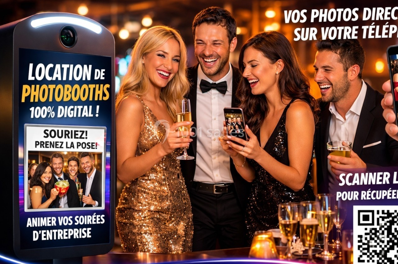 Groupe de personnes souriantes en tenue de soirée utilisant un photobooth numérique dans un cadre festif.