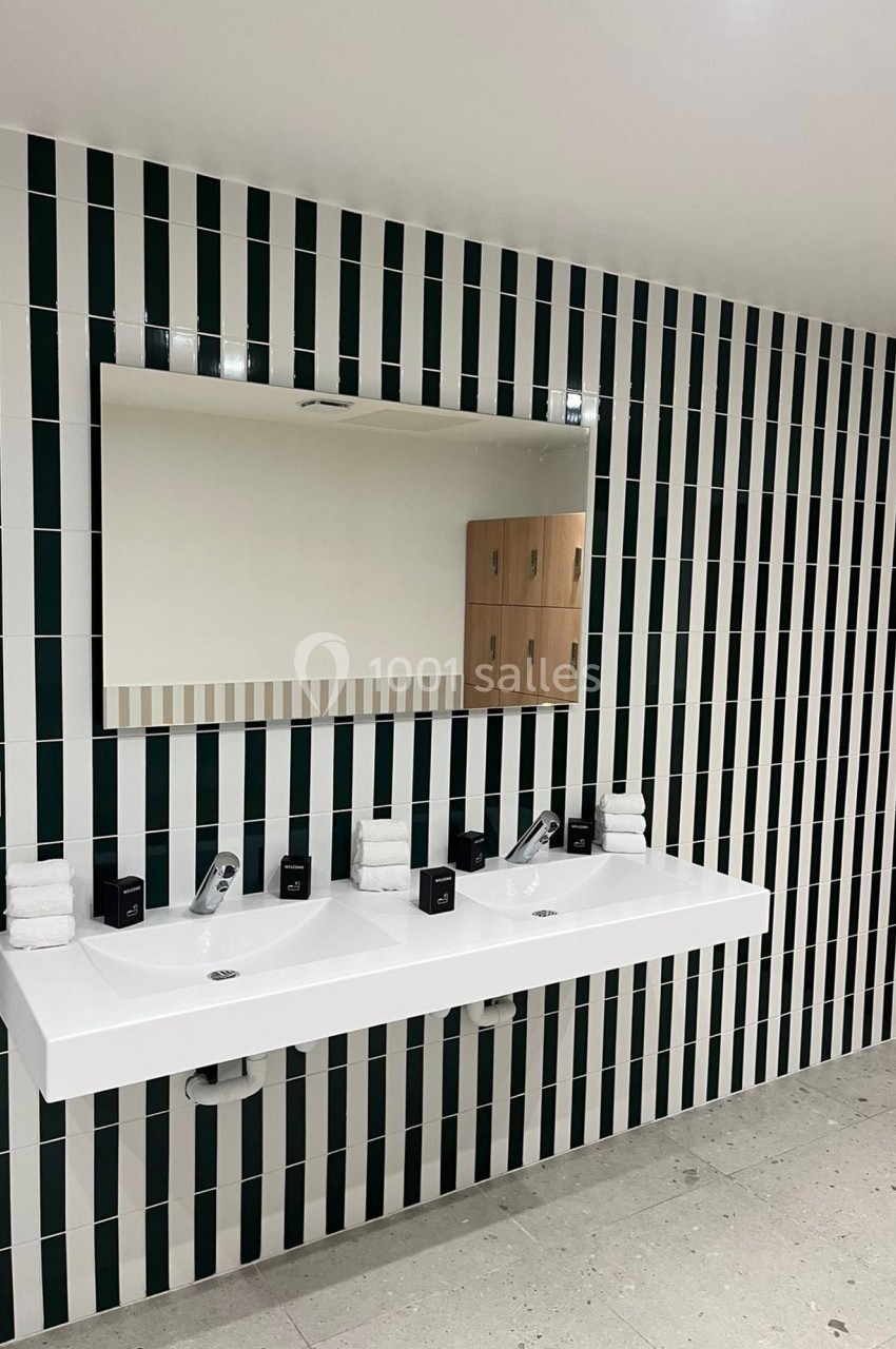 Deux lavabos blancs avec miroir mural, carrelage vertical vert et blanc, et étagères en bois en arrière-plan.
