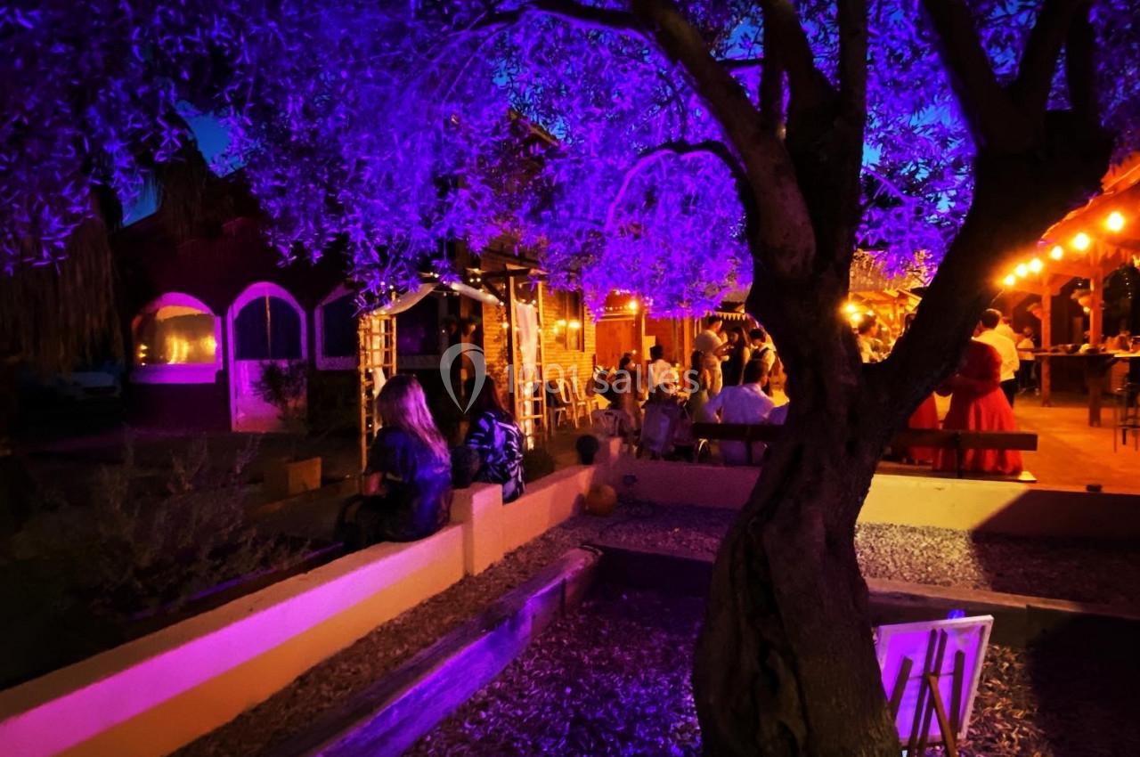 Terrasse extérieure éclairée par des lumières colorées, avec des tables et des personnes assises sous un arbre.