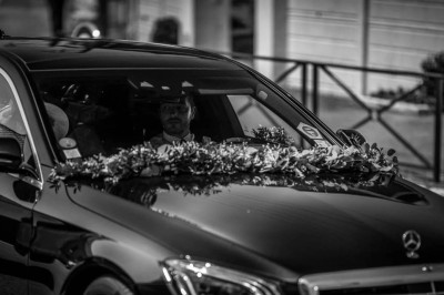 Voiture noire circulant sur une allée bordée d'arbres imposants dans un environnement ombragé.