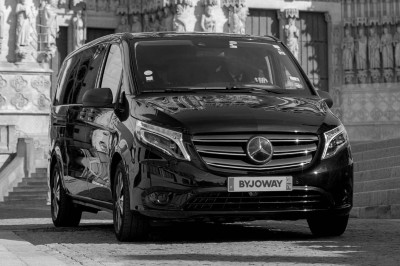 Voiture noire circulant sur une allée bordée d'arbres imposants dans un environnement ombragé.