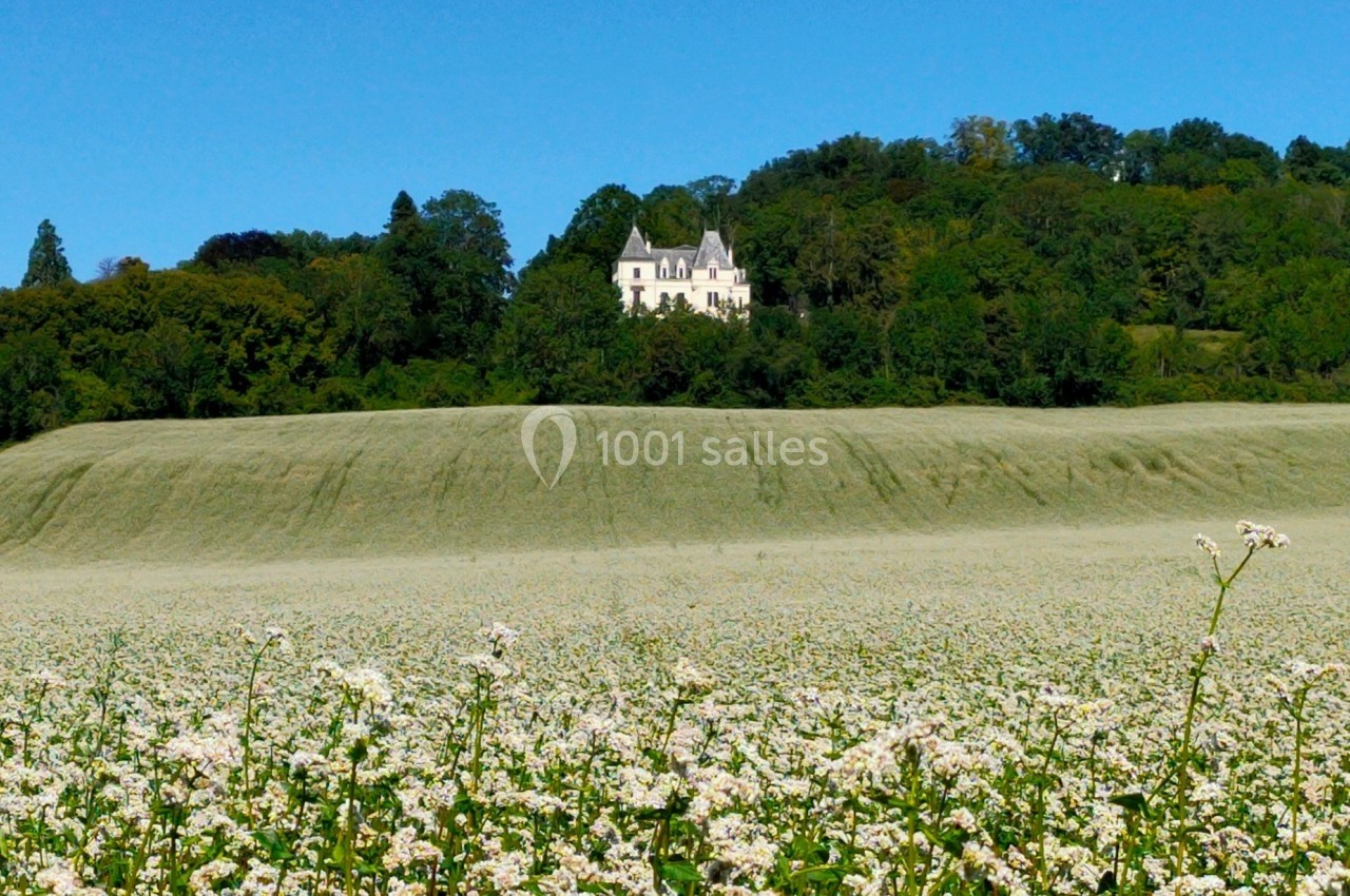 Champ de fleurs blanches en premier plan avec un manoir entouré d'arbres sur une colline en arrière-plan.