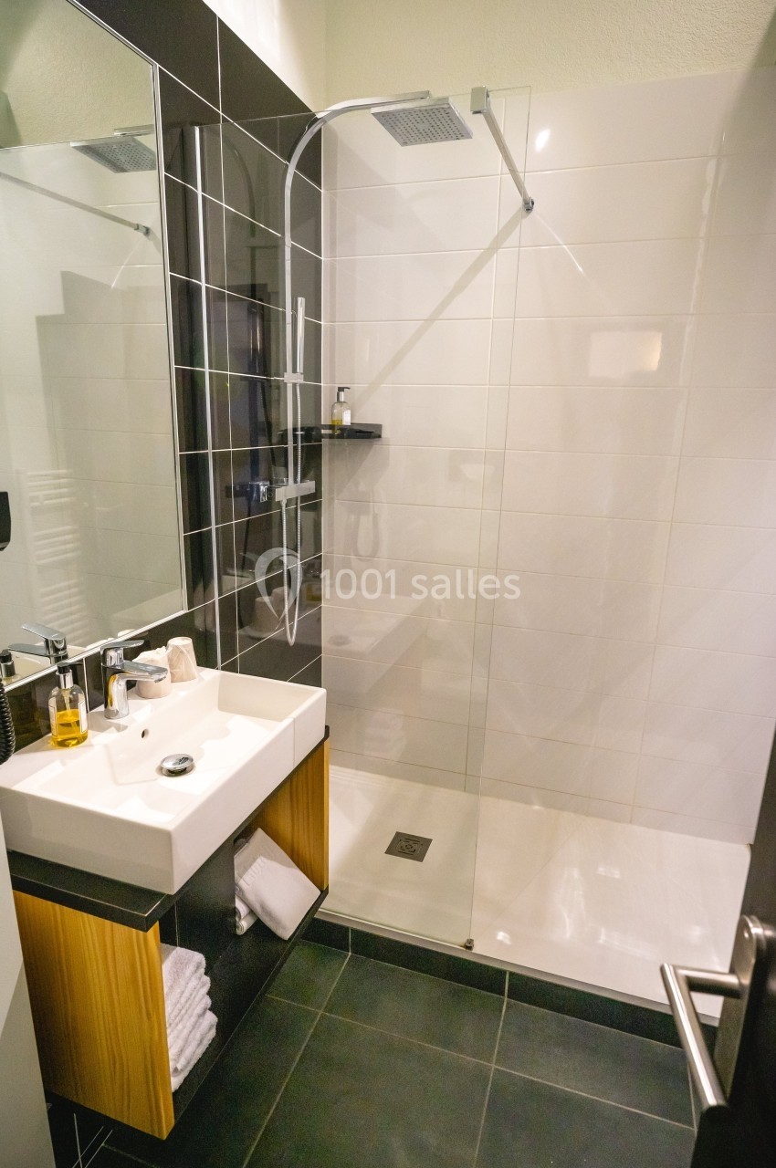Salle de bain moderne avec douche à l'italienne, lavabo blanc sur meuble en bois et miroir mural.