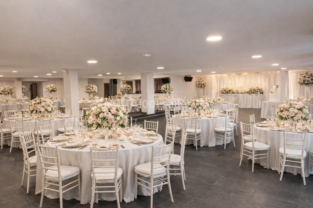 Salle de réception décorée avec des tables rondes, nappes blanches, chaises assorties et arrangements floraux élégants.