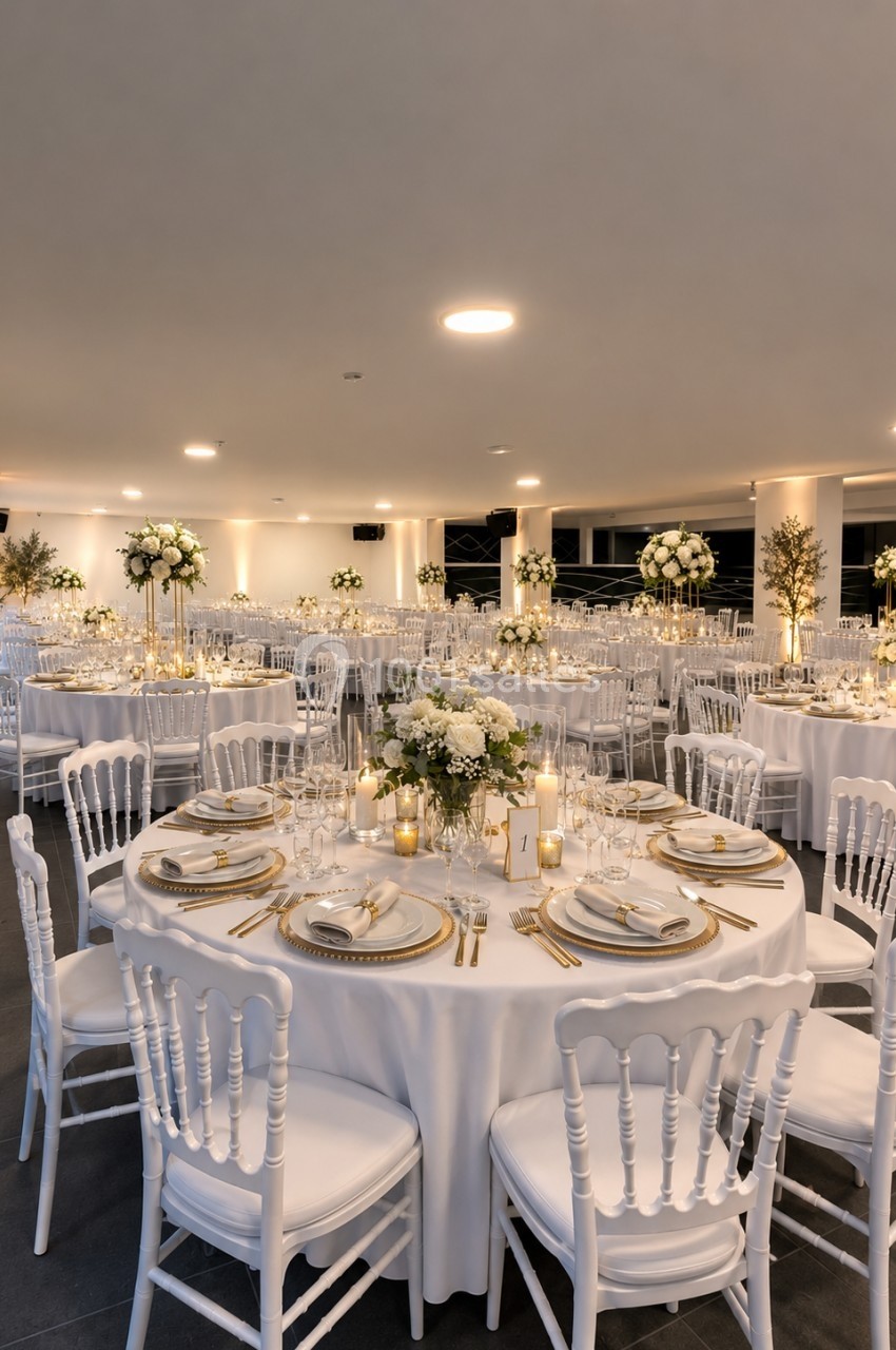 Salle de réception élégamment décorée avec des tables rondes, nappes blanches, chandelles et arrangements floraux.
