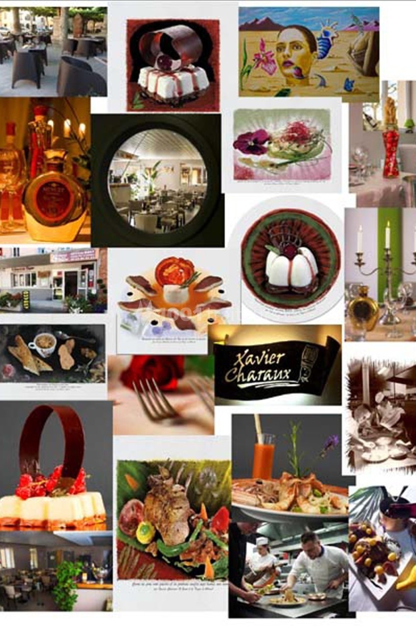 Mosaïque d'images montrant des plats gastronomiques, des restaurants, des chefs en cuisine et des décorations de table.
