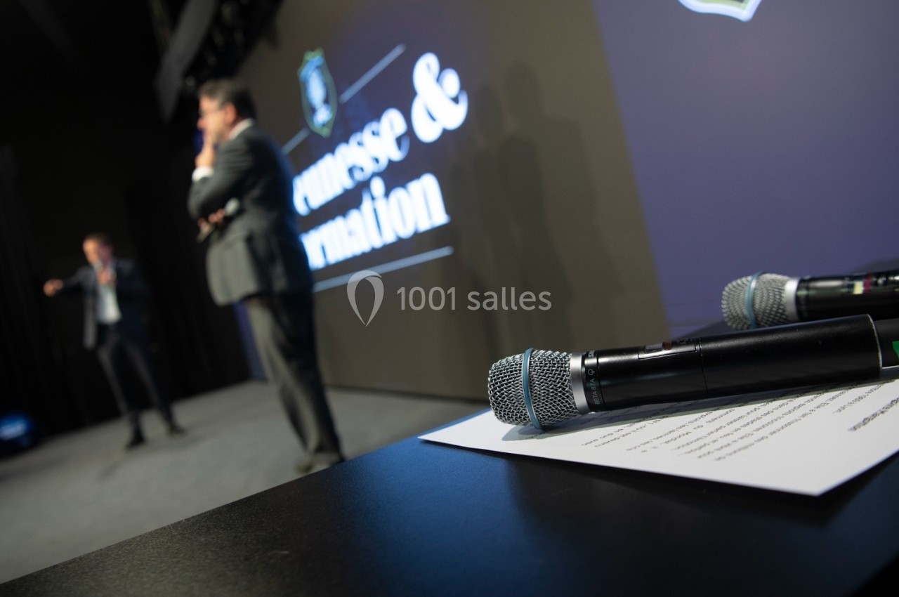 Deux microphones posés sur une table au premier plan, avec deux intervenants flous sur une scène en arrière-plan.