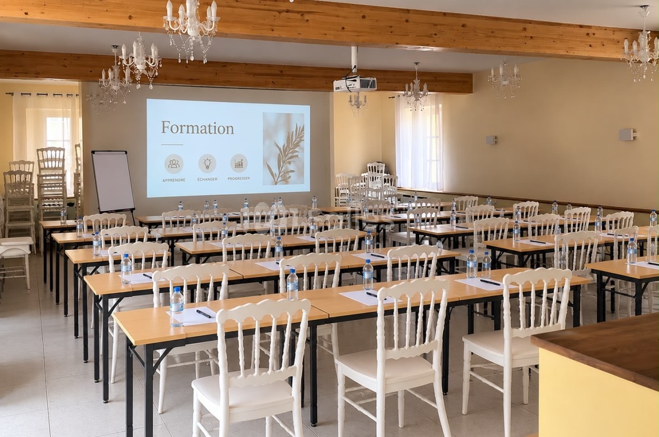 Salle de formation aux tables alignées en rangées, chaises blanches, lustres en cristal, poutres en bois et écran de projection affichant le mot « Formation ». Wait, I must not transcribe text incrusté in the image (the slide title "Formation" is text in