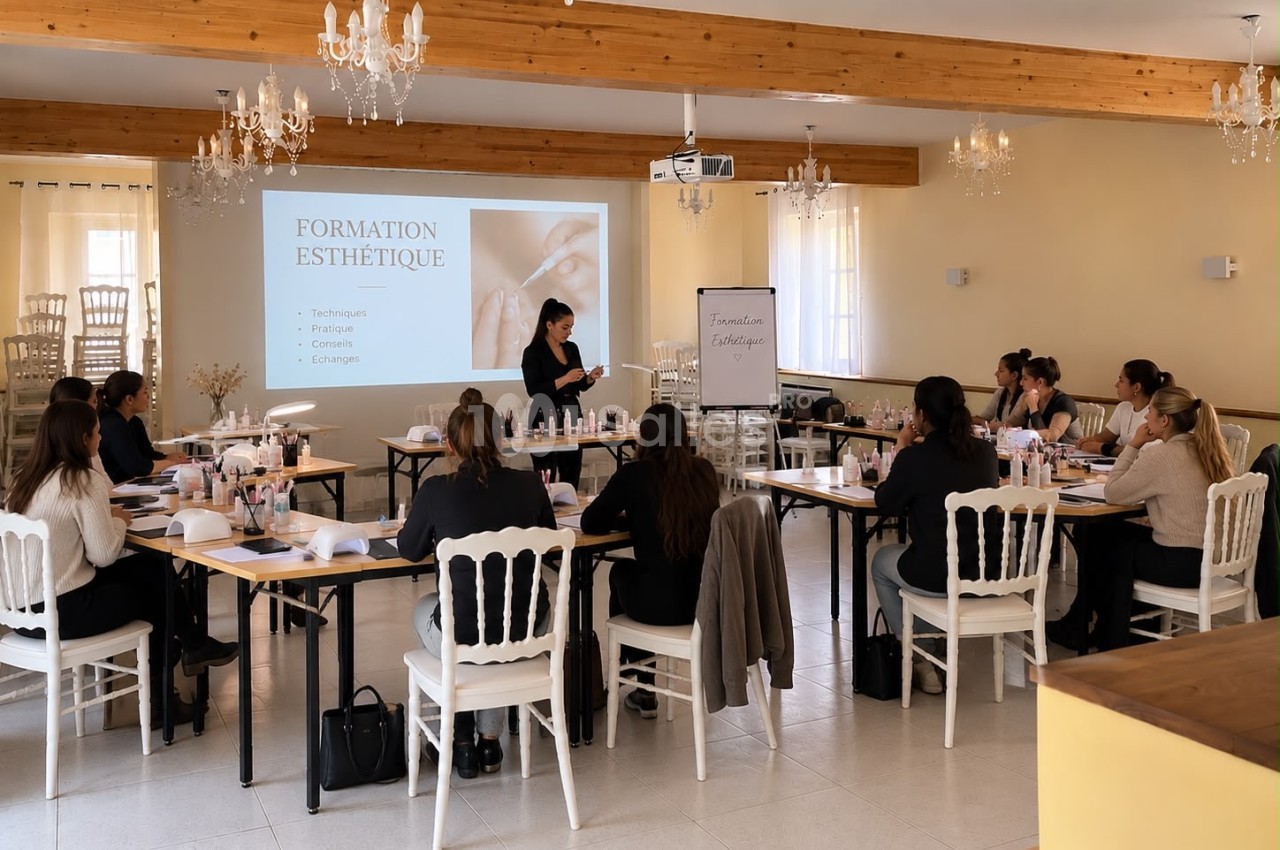 Salle de formation aux lustres et poutres en bois, une intervenante face à des participantes attablées.