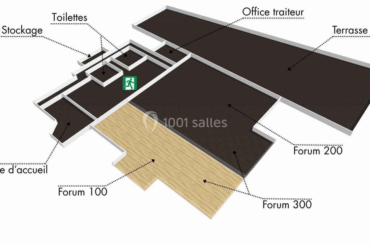 Plan en 3D d’un espace comprenant des forums, une terrasse, un office traiteur, des toilettes et un local de stockage.