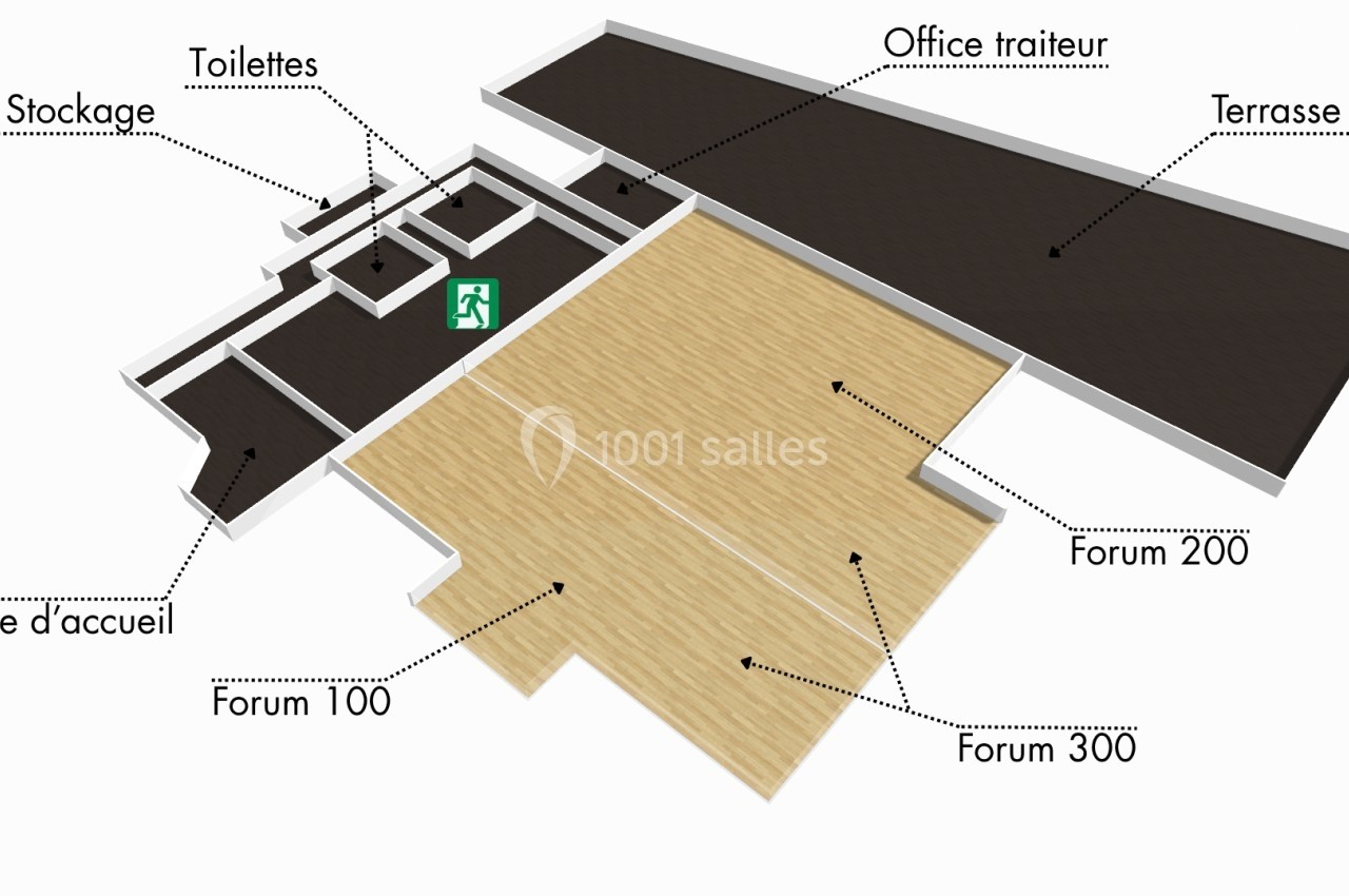 Plan d’un espace intérieur avec zones identifiées : forums, accueil, toilettes, local stockage, office traiteur et terrasse.