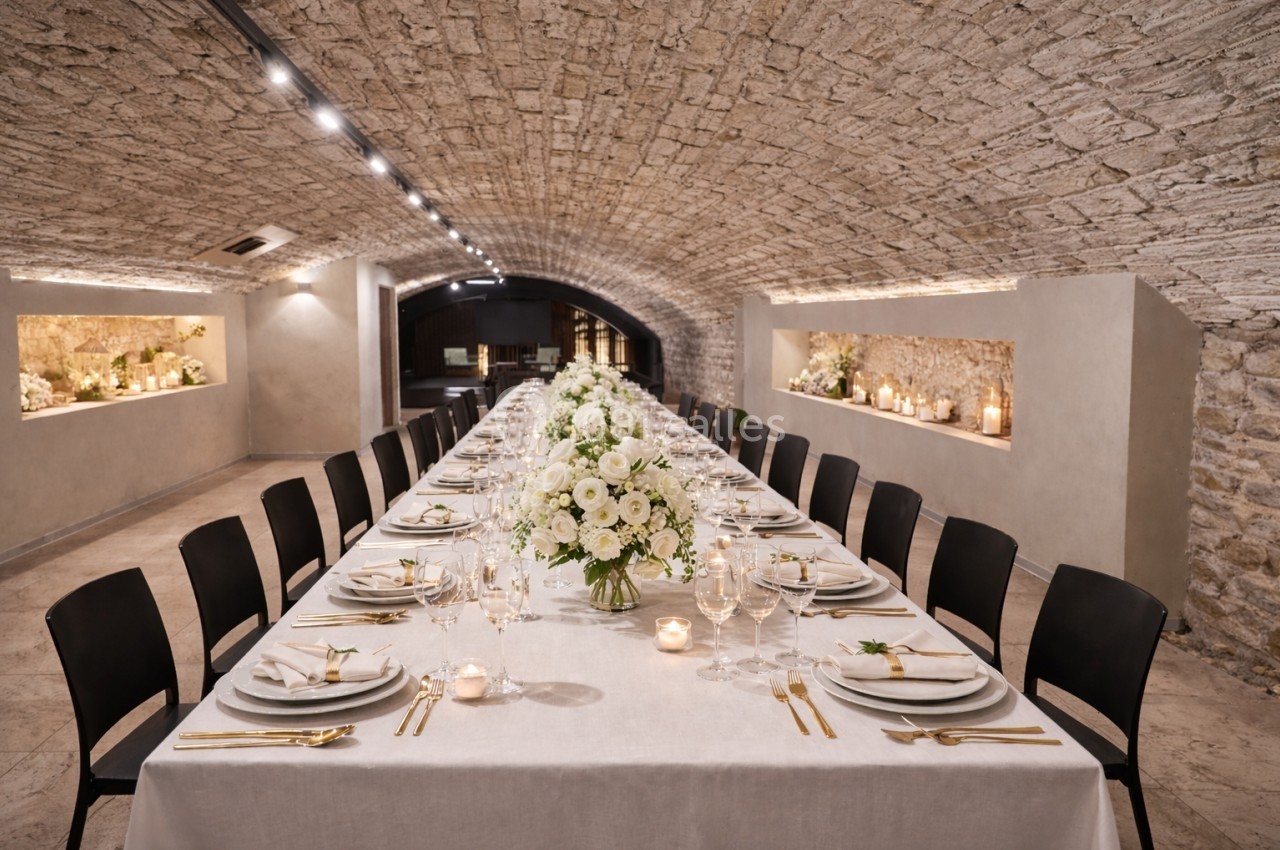 Salle voûtée avec une longue table dressée, décorée de fleurs blanches, bougies et couverts élégants.