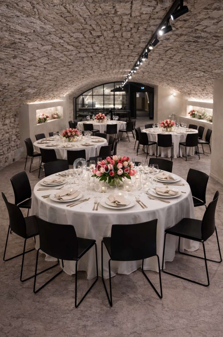 Salle voûtée élégante avec tables rondes dressées, nappes blanches, chaises noires et bouquets de fleurs au centre.