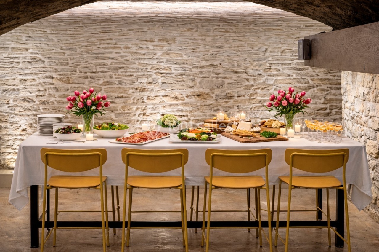 Table dressée avec des plats variés, bougies et bouquets de fleurs roses, dans une salle voûtée en pierre.