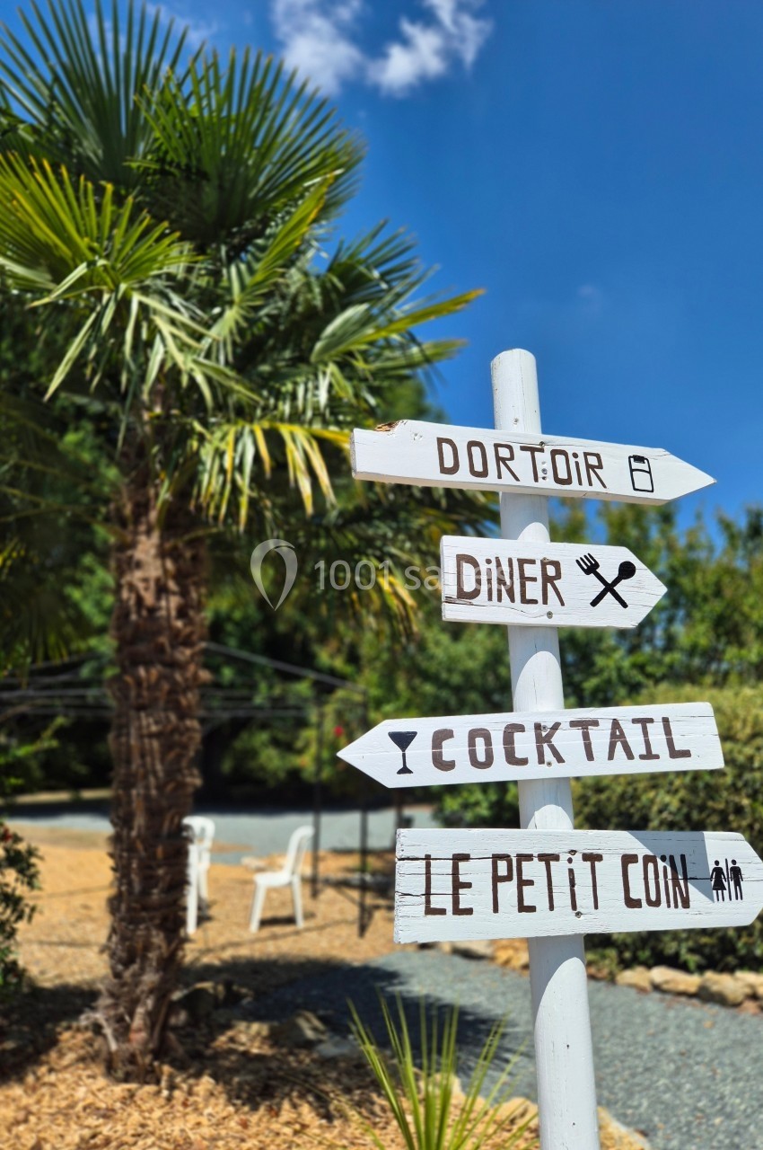 Panneau en bois indiquant des directions vers un dortoir, un dîner, des cocktails et des toilettes, avec un palmier en…