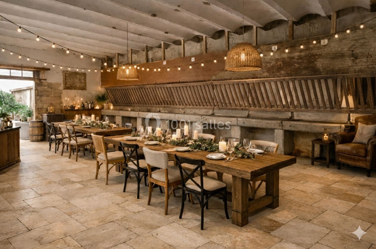 Salle rustique décorée pour un repas, avec longues tables en bois, guirlandes lumineuses et ambiance chaleureuse.