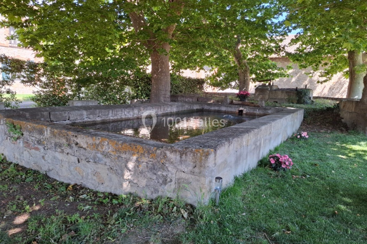 Bassin en pierre entouré d'arbres et de pelouse, avec des fleurs roses disposées à proximité.