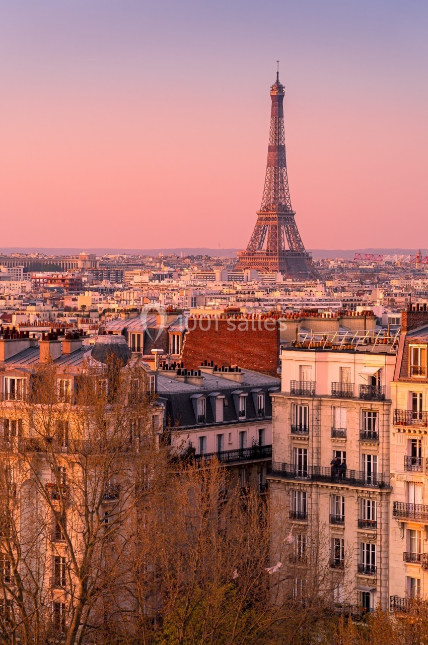 Vue sur la tour Eiffel au coucher du soleil, entourée de bâtiments parisiens et d'arbres en premier plan.