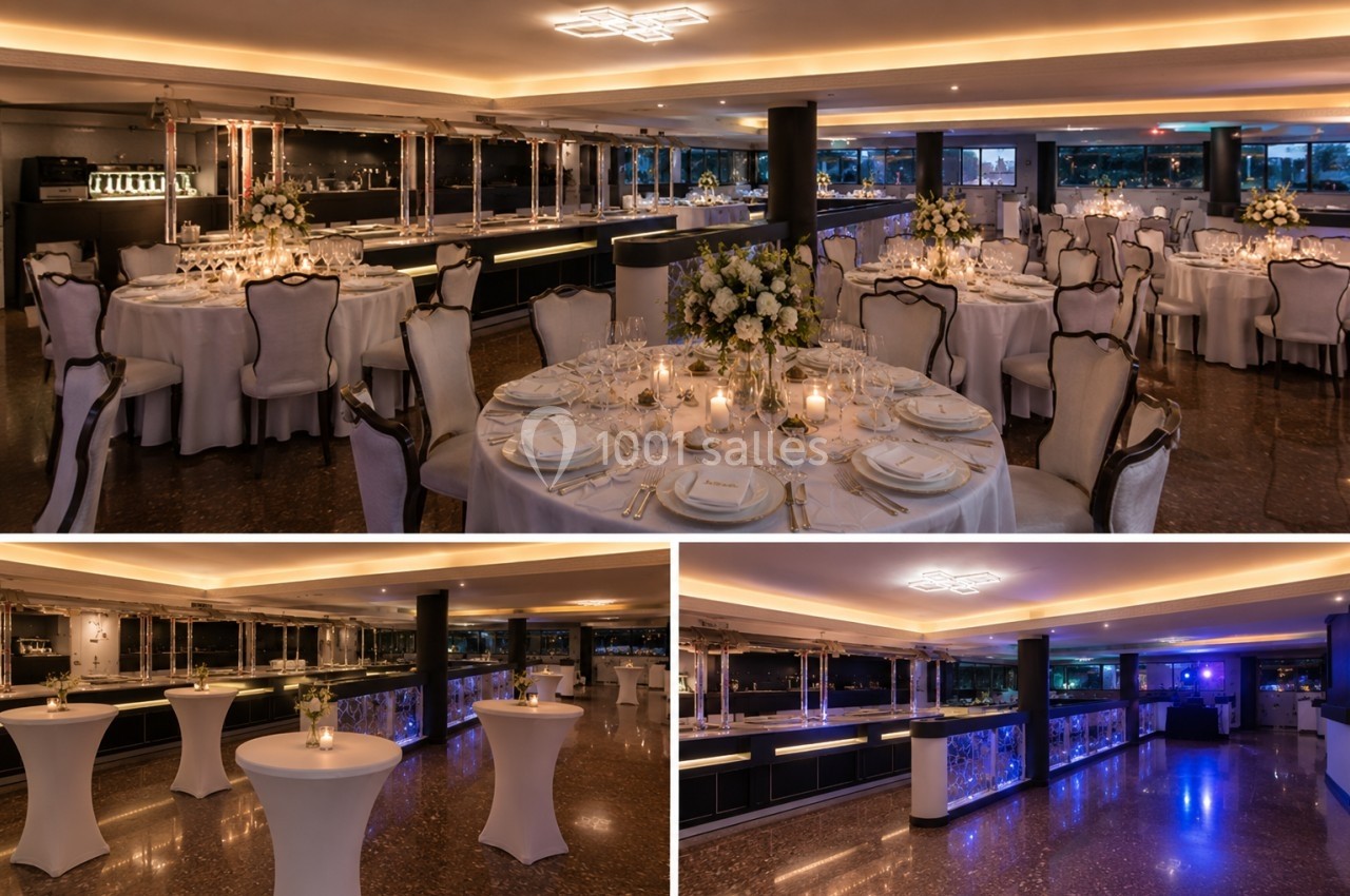 Salle de réception élégante avec tables dressées, chaises classiques, éclairage tamisé et décorations florales.