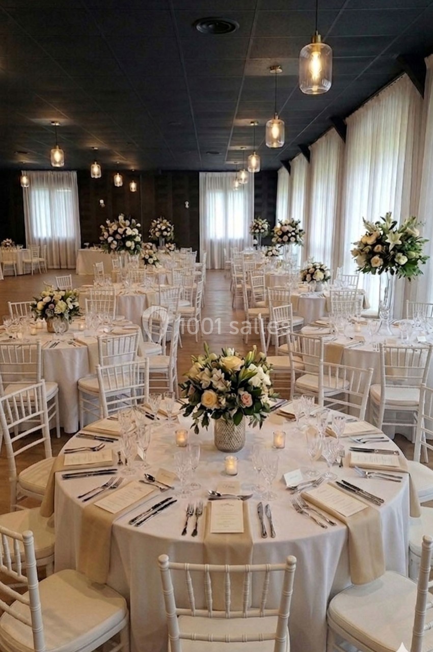 Salle de réception élégante avec tables rondes décorées de nappes blanches, fleurs et vaisselle raffinée.