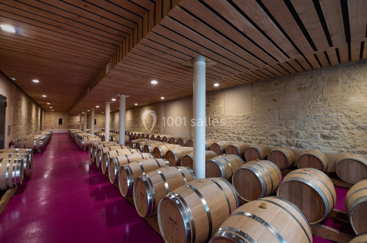 Rangées de fûts en bois alignés dans une cave à vin aux murs en pierre et sol rose.
