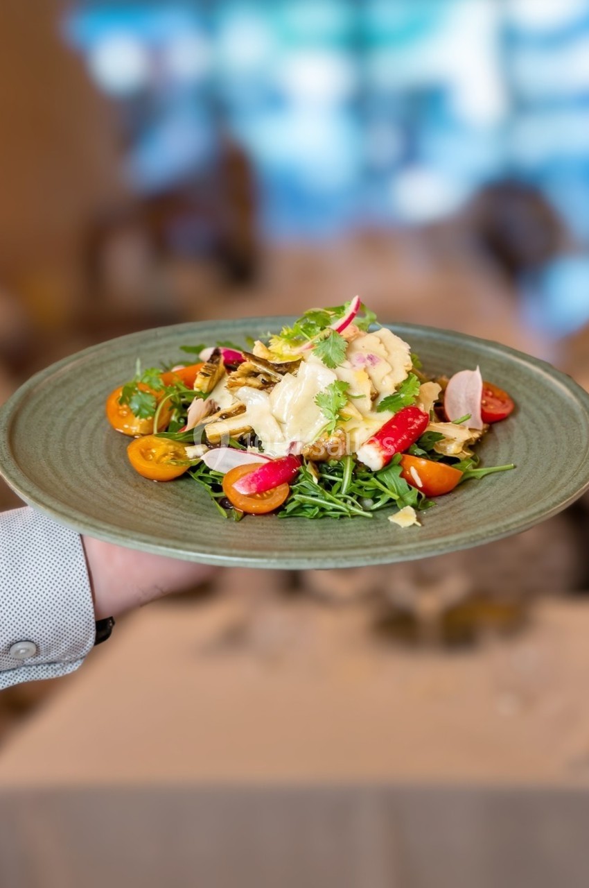 Assiette de salade colorée avec légumes frais, fromage et herbes, tenue par une main dans un restaurant.