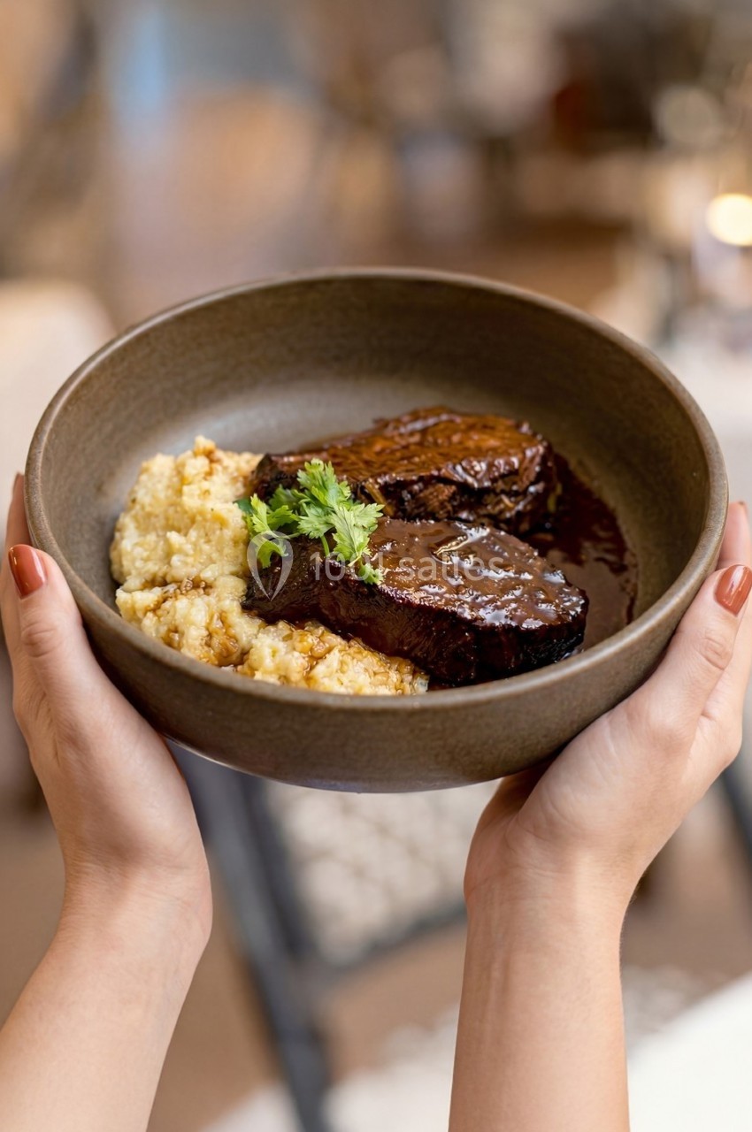 Plat de viande braisée avec sauce, accompagné de purée, servi dans un bol en céramique tenu par deux mains.