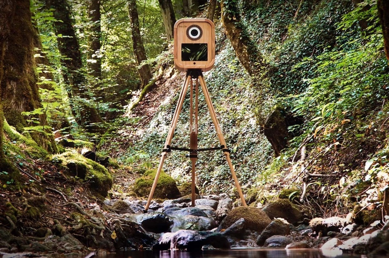 Appareil photo sur trépied en bois installé dans une forêt verdoyante au-dessus d'un ruisseau.
