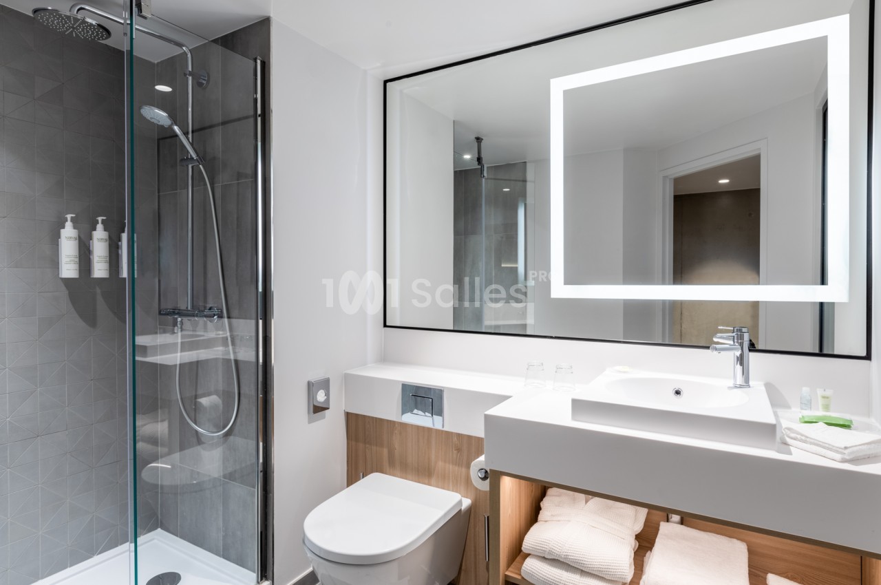 Salle de bain moderne avec douche à l'italienne aux parois vitrées, lavabo sous un grand miroir éclairé, WC suspendu et serviettes blanches rangées sous la vasque.