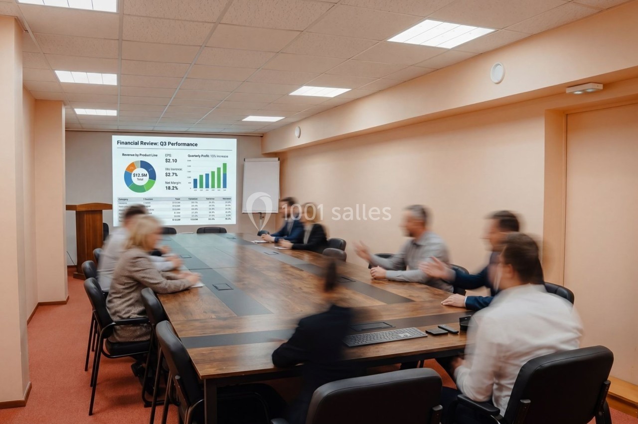 Des personnes en réunion dans une salle de conférence, discutant devant un écran affichant des graphiques financiers.