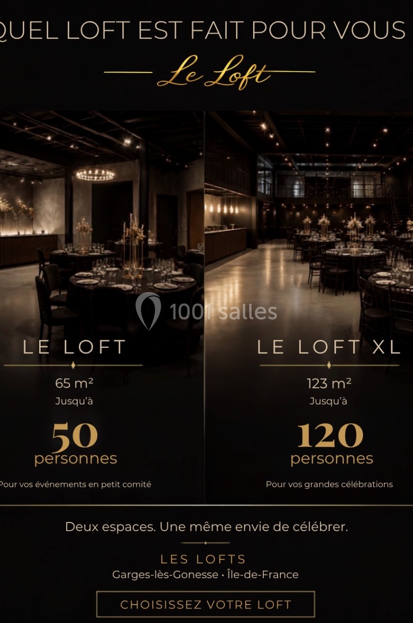 Comparaison de deux espaces événementiels élégants, l'un pour 50 personnes et l'autre pour 120, avec décoration raffinée.