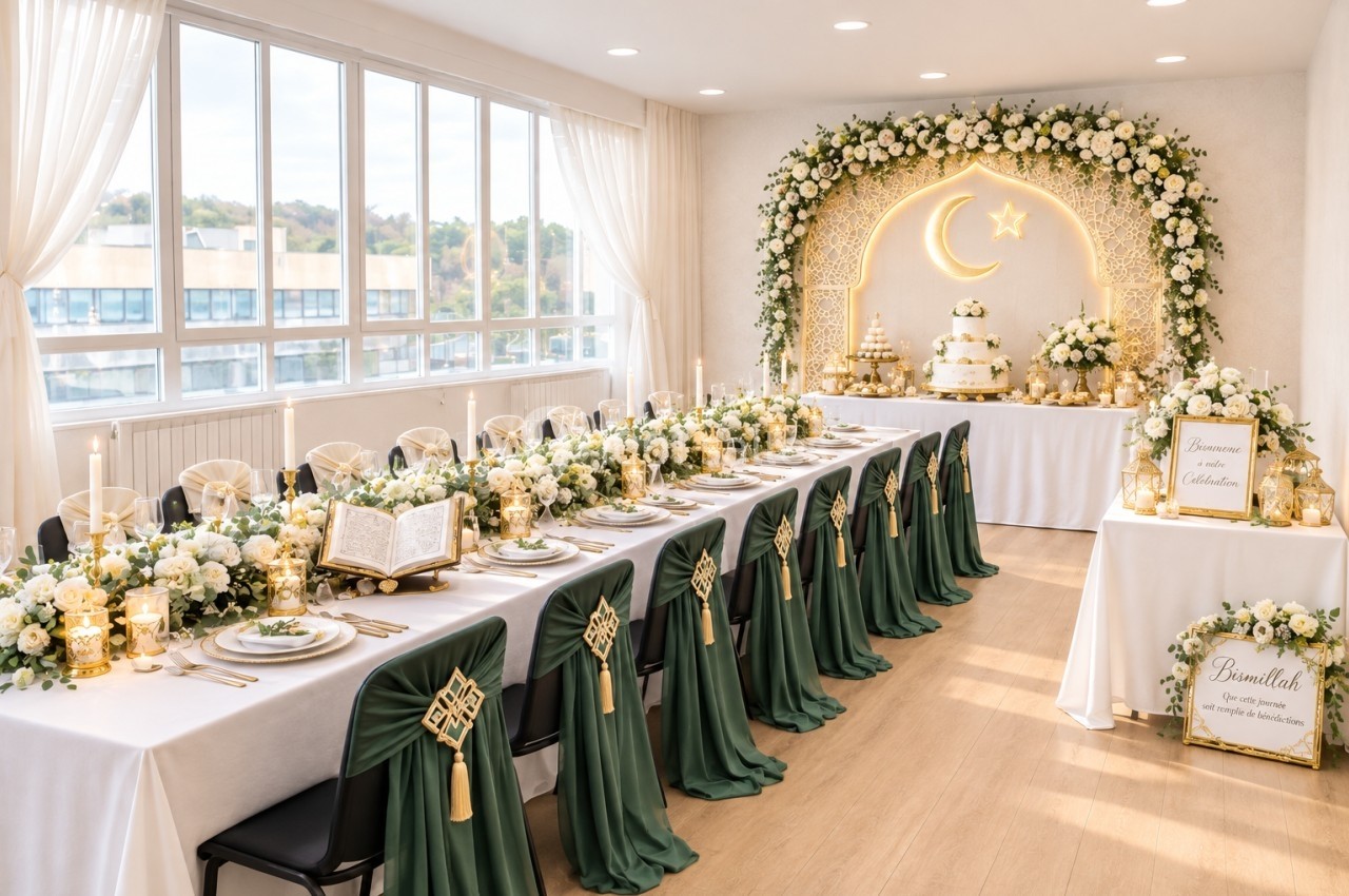 Salle décorée pour une réception, avec une longue table ornée de nappes vertes, fleurs blanches et un arc lumineux en…