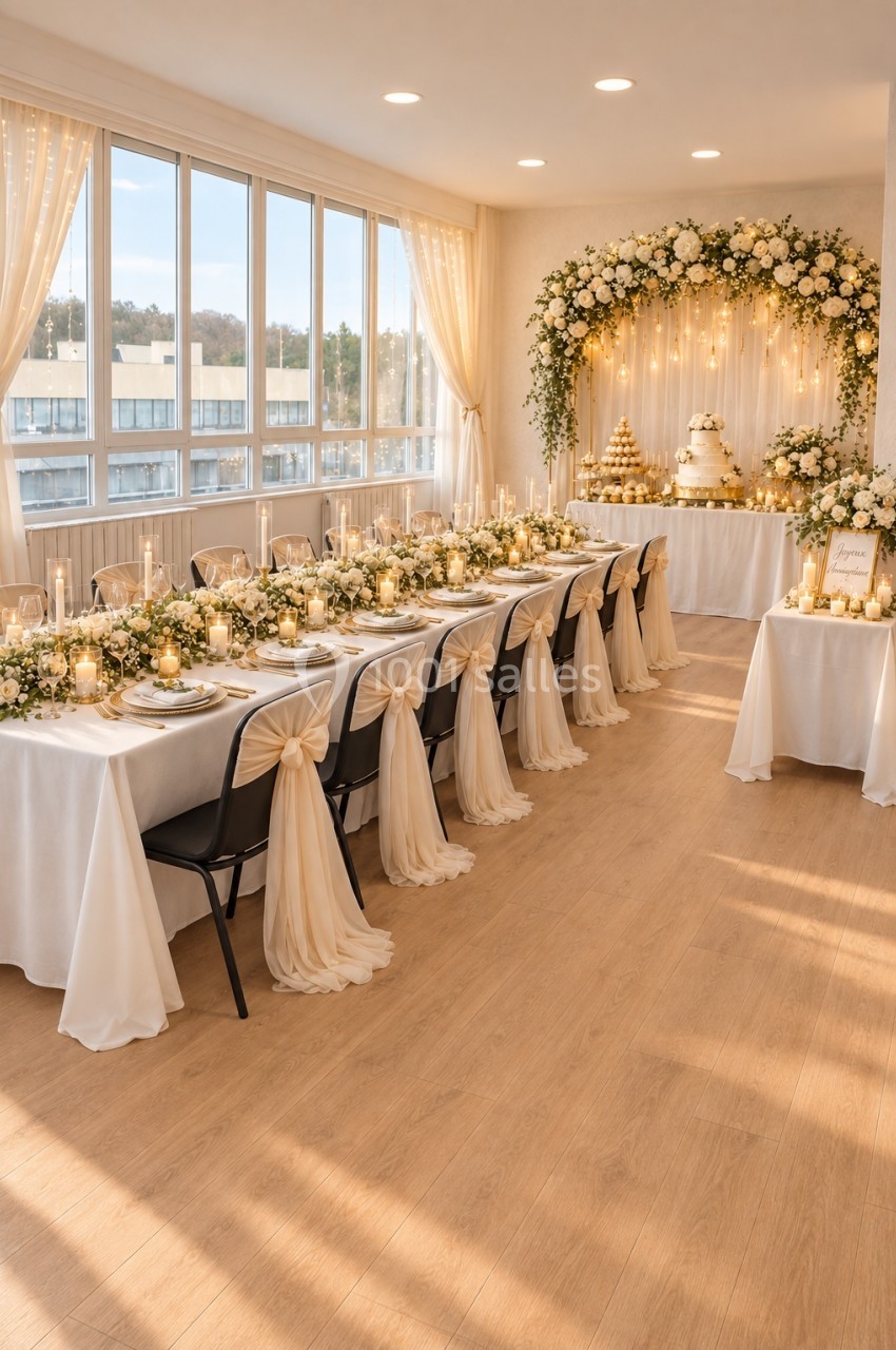 Salle de réception décorée pour un mariage avec longues tables ornées de fleurs, bougies et nappes blanches.