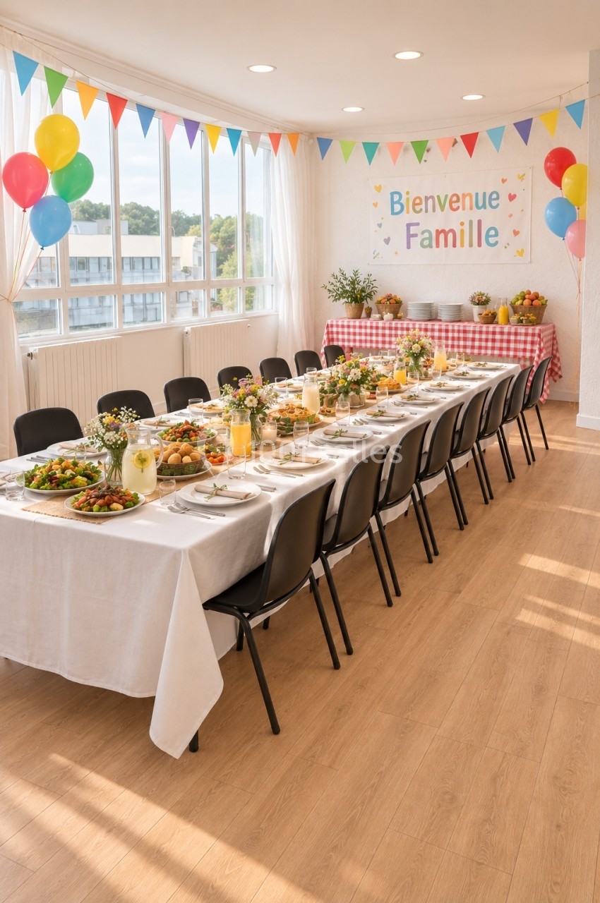 Salle décorée pour une fête familiale avec une longue table dressée, des ballons colorés et une banderole ’Bienvenue Famille…
