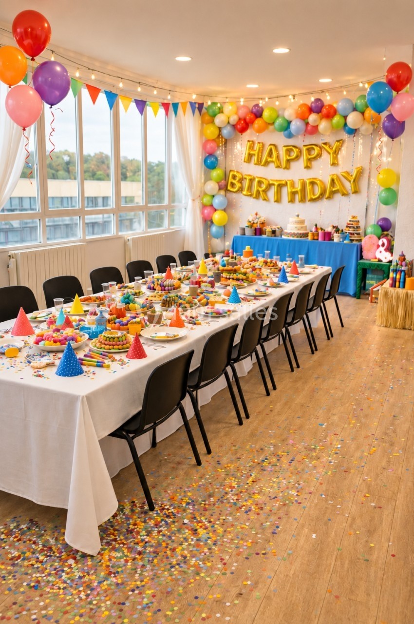 Salle décorée pour un anniversaire avec une longue table dressée, ballons colorés et guirlande ’Happy Birthday’.