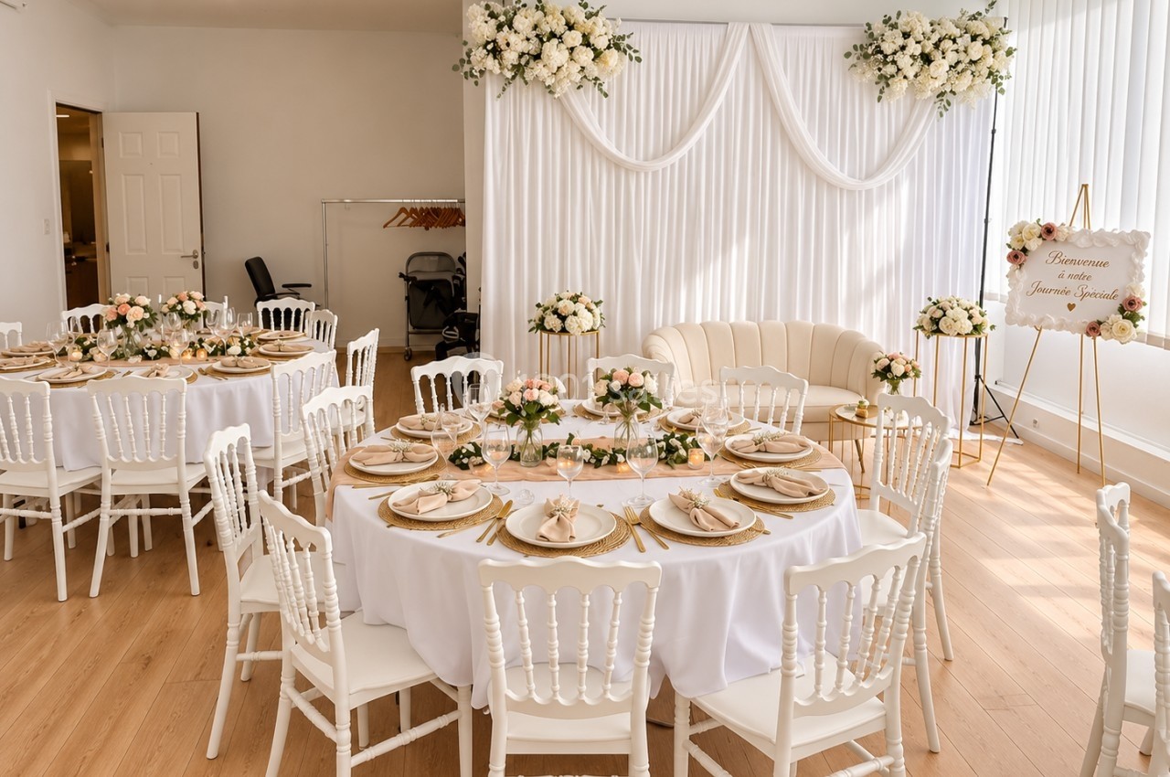 Salle décorée pour un événement avec tables rondes dressées, chaises blanches et arrangements floraux élégants.